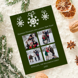 Green Snowflake Ornaments Photo Collage Holiday Card