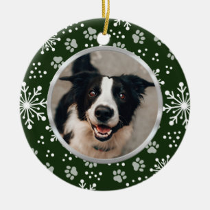 Green Snowflake Paw Pattern Pet Photo Ceramic Tree Decoration