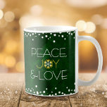 Green Snowflake Peace Joy Love Bold Modern Holiday Coffee Mug<br><div class="desc">“Peace, joy & love.” A fun, playful, gold and white snowflake illustration and modern typography on a rich, deep dark green marble watercolor background help you usher in the holiday season. White confetti dots frame complete the look. Feel the warmth and joy of the holidays whenever you drink out of...</div>