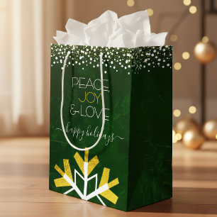 Green Snowflake Peace Joy Love Modern Typography Medium Gift Bag