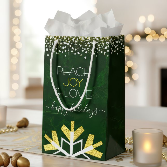 Green Snowflake Peace Joy Love Modern Typography Small Gift Bag (Creator Uploaded)