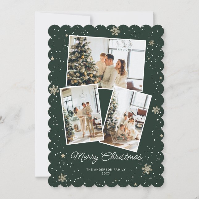Green Snowflake Photo Collage Merry Christmas Card (Front)