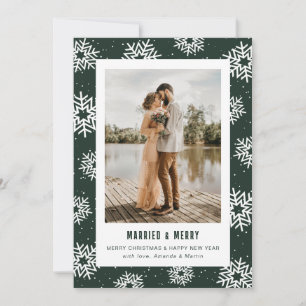 Green Snowflake Photo Married and Merry Holiday Card