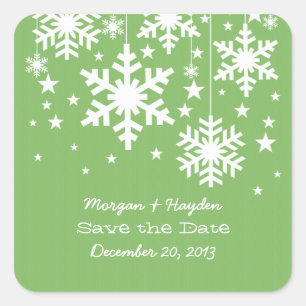 Green Snowflakes and Stars Save the Date Stickers
