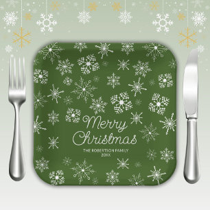 Green Snowflakes Christmas Party Paper Plate