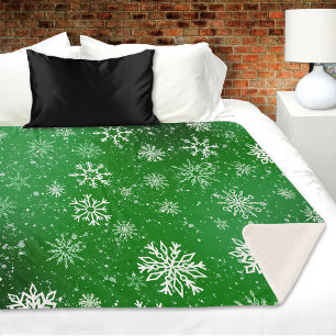 Green Snowflakes Pattern Festive Winter Holiday Sherpa Blanket