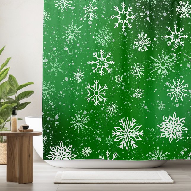 Green Snowflakes Pattern Festive Winter Holiday Shower Curtain (Creator Uploaded)