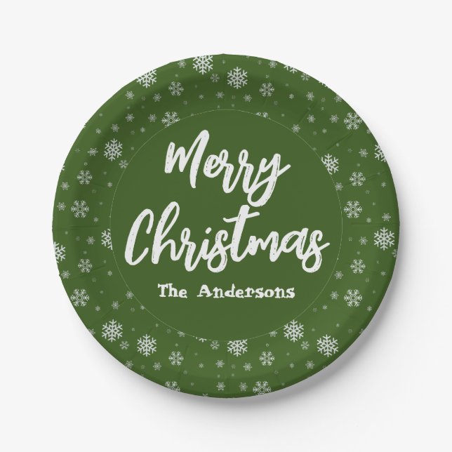 Green Snowflakes Simple Elegant Merry Christmas Paper Plate (Front)