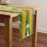 Green Snowman on Gold Christmas Short Table Runner<br><div class="desc">A decorative Christmas table runner featuring a whimsical,  colourful pattern of snowmen dressed in green velvet top hat and vest,  surrounded by green bows and golden stars all on a golden background to add a unique,  designer touch to your Christmas dining and entertaining this holiday season.</div>