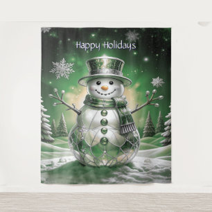 Green Snowman Snowflakes Holiday Backdrop Tapestry