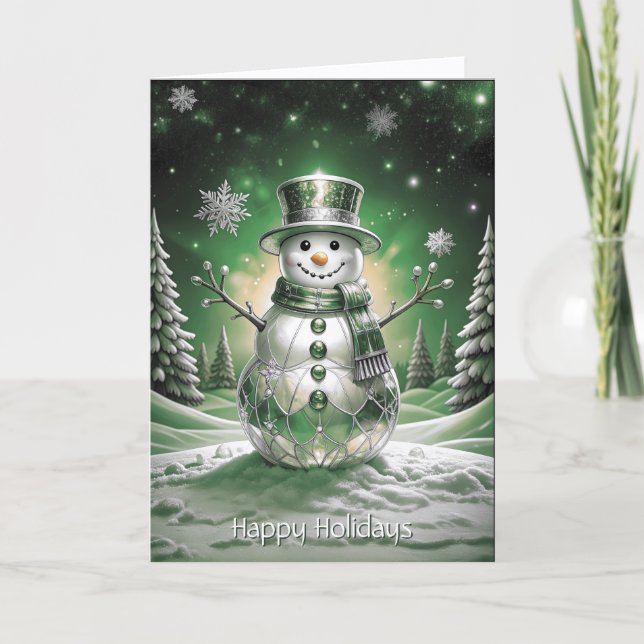 Green Snowman Snowflakes Holiday Card (Front)