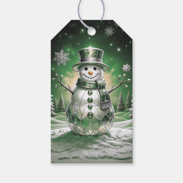 Green Snowman Snowflakes Holiday Gift Tag (Front)