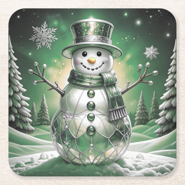 Green Snowman Snowflakes Holiday Paper Coaster (Front)