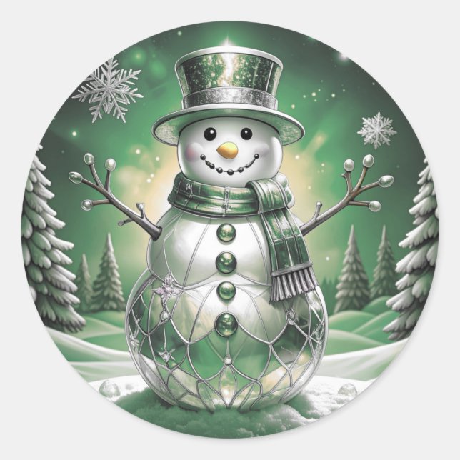 Green Snowman Snowflakes Holiday Sticker (Front)