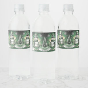 Green Snowman Snowflakes Holiday Water Bottle Label