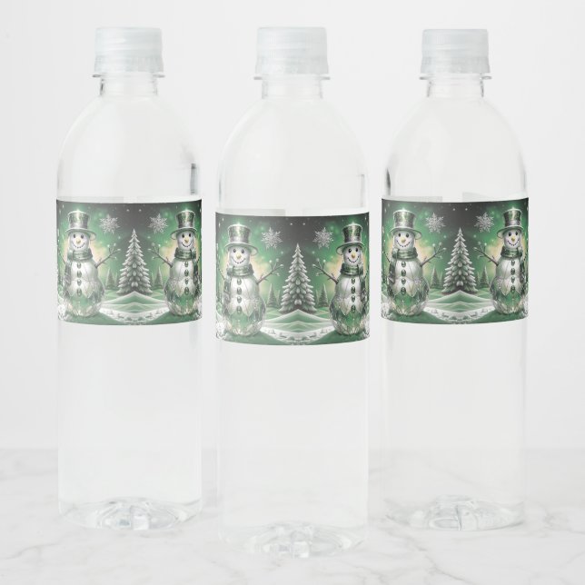 Green Snowman Snowflakes Holiday Water Bottle Label (Bottles)