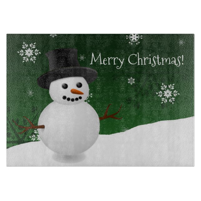 Green Snowman Winter Scene Christmas Cutting Board (Front)
