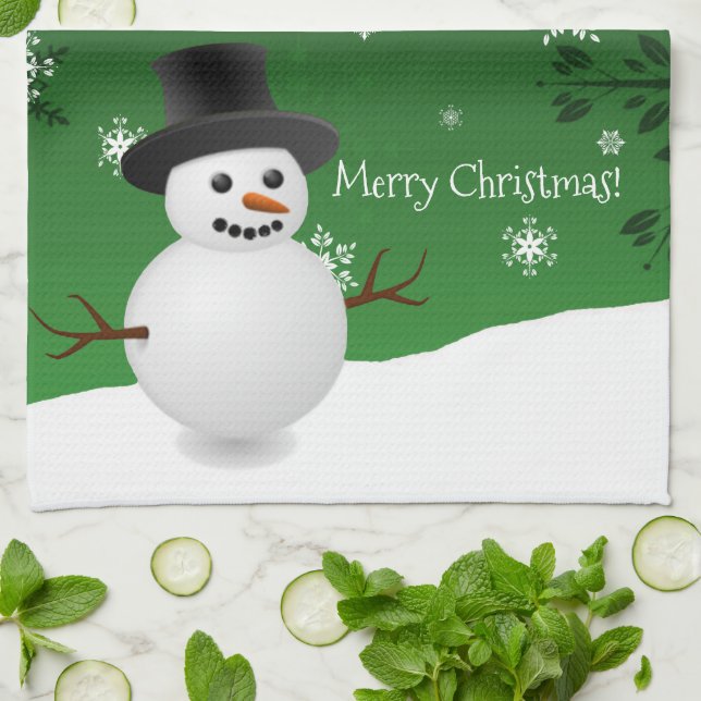 Green Snowman Winter Scene Christmas Kitchen Towel (Folded)