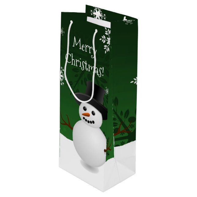 Green Snowman Winter Scene Christmas Wine Gift Bag (Front Angled)