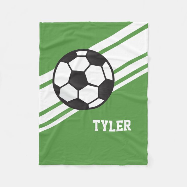 Green Soccer Ball Sports Personalised Name Fleece Blanket (Front)
