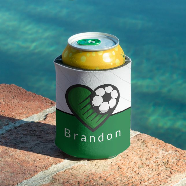 Green Soccer Love Kids Players Name & Ball Striped Can Cooler (In Situ Pool)