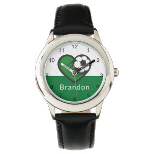 Green Soccer Love Kids Players Name & Ball Striped Watch