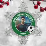 Green Soccer Player Photo High School Spirit Snowflake Pewter Christmas Ornament<br><div class="desc">This cool customized high school soccer player photo gift features white typography of your team and player name on a green Christmas ornament with a soccer ball. Personalize with your student's photograph and class year as a proud futbol parent for a commemorative keepsake.</div>