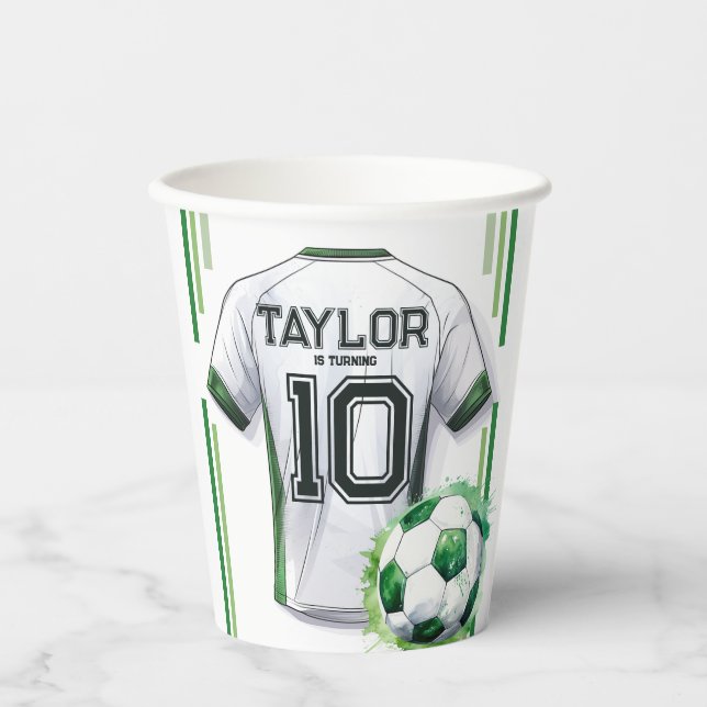 Green Soccer Sports Boy Jersey Kids Birthday Party Paper Cups (Front)