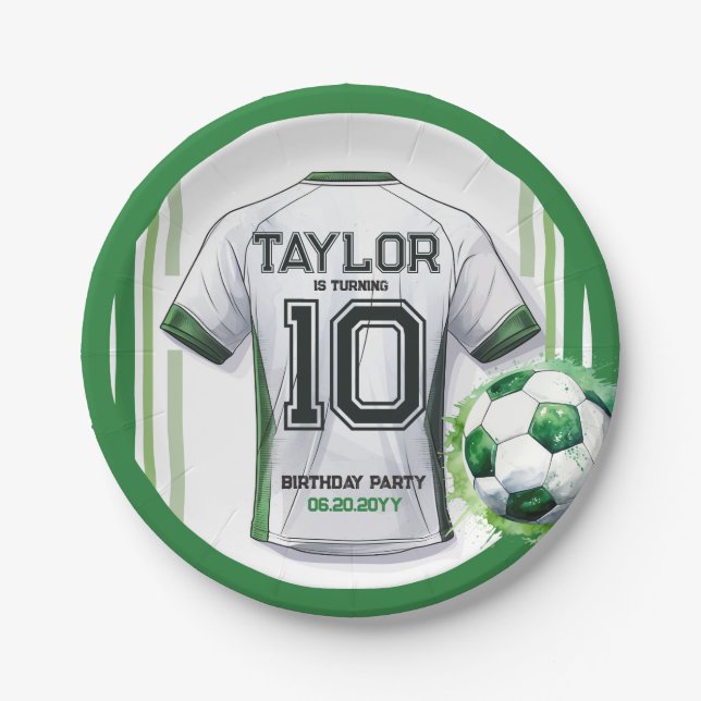 Green Soccer Sports Boy Jersey Kids Birthday Party Paper Plate (Front)