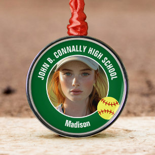 Green Softball Player Photo High School Christmas Metal Tree Decoration
