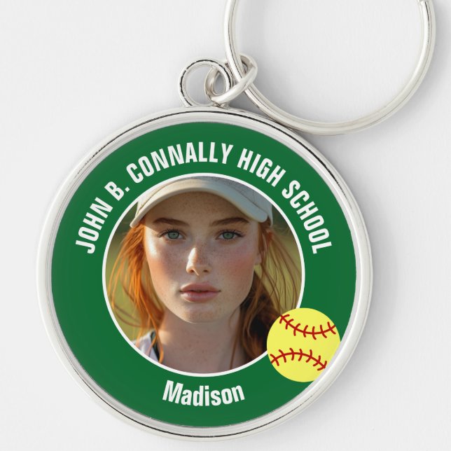 Green Softball Player Photo High School Keepsake Key Ring (Front)