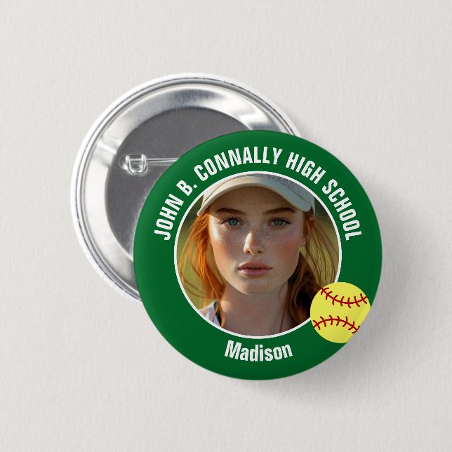 Green Softball Player Photo High School Spirit 6 Cm Round Badge (Front & Back)