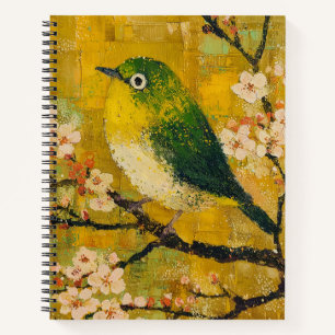 Green Songbird Cherry Blossom Spiral Notebook