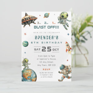 Green Space Alien Theme Birthday Party Invitation