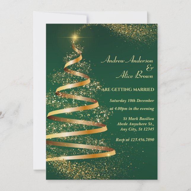 Green sparkle christmas tree wedding Invitation (Front)