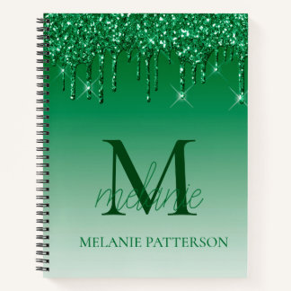 Green Sparkle Glitter Drip Monogram Script Name Notebook