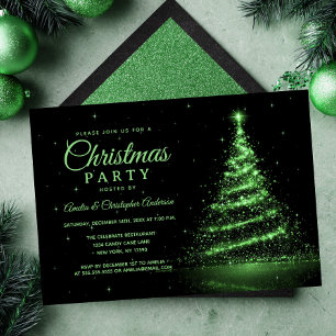 Green Sparkle Light Tree Christmas Party Invitation