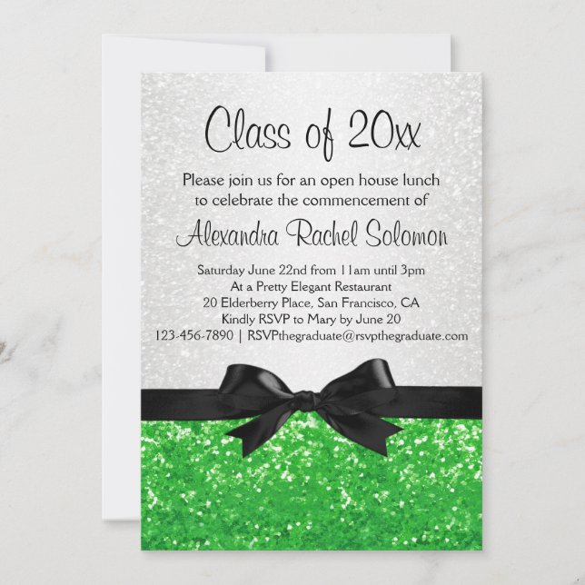 Green Sparkle-look Bow Graduation Invitation (Front)