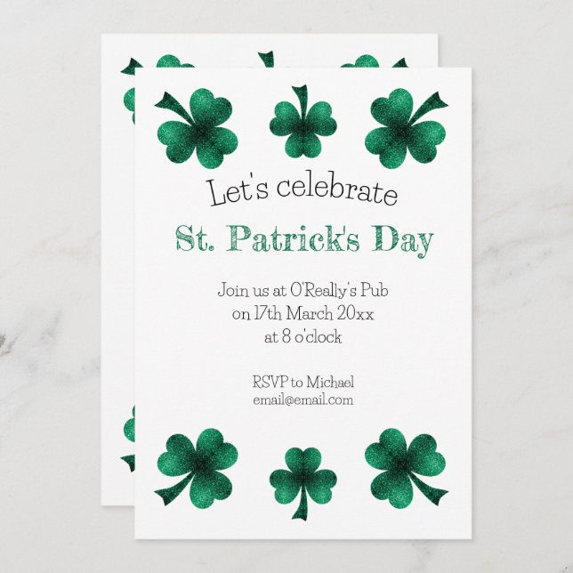 Green Sparkle Shamrock St. Patrick's Day White Invitation (Front/Back)