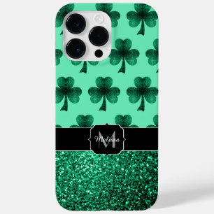 Green Sparkles Shamrock St. Patrick' Day Monogram Case-Mate iPhone 14 Pro Max Case