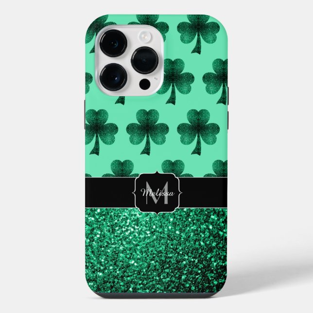 Green Sparkles Shamrock St. Patrick' Day Monogram iPhone Case (Back)