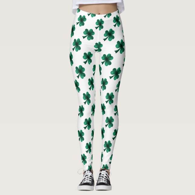 Green Sparkles Shamrock St. Patrick' Day pattern Leggings (Front)