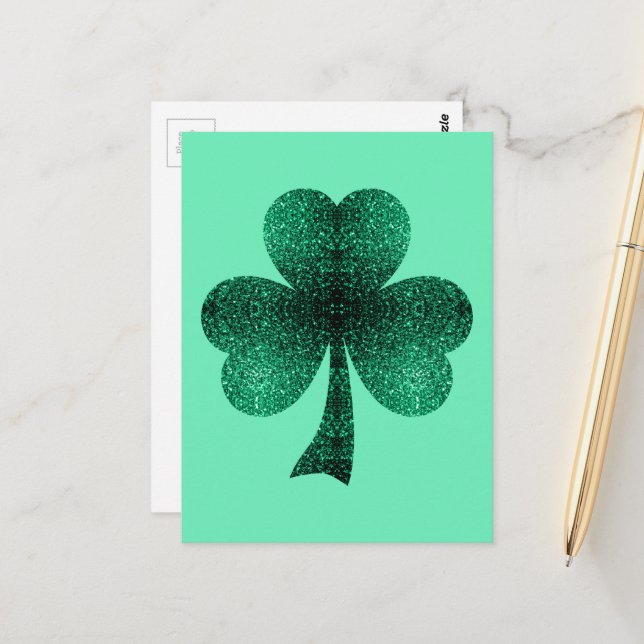 Green Sparkles Shamrock St. Patrick' Day turquoise Postcard (Front/Back In Situ)