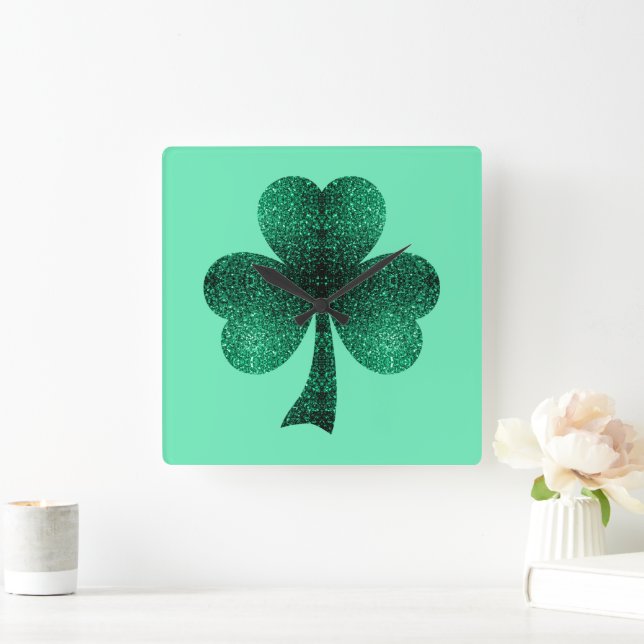 Green Sparkles Shamrock St. Patrick' Day turquoise Square Wall Clock (Home)