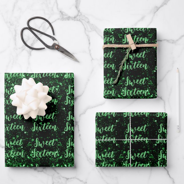Green sparkles Sweet 16 elegant script pattern Wrapping Paper Sheet (Front)