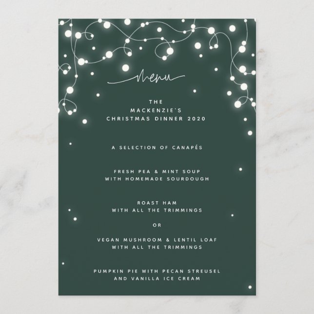Green Sparkling Lights Christmas Flat 4 Course Menu (Front)