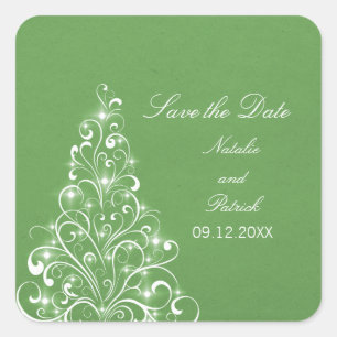 Green Sparkly Holiday Tree Save the Date Stickers