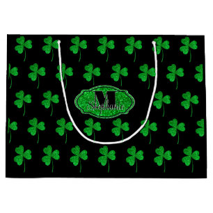 Green Sparkly Shamrocks Monogrammed St Patrick Large Gift Bag