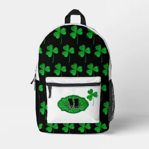 Green Sparkly Shamrocks Monogrammed St Patrick Printed Backpack