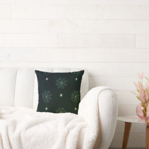 Green Spiders and Spiderwebs Black Halloween Cushion